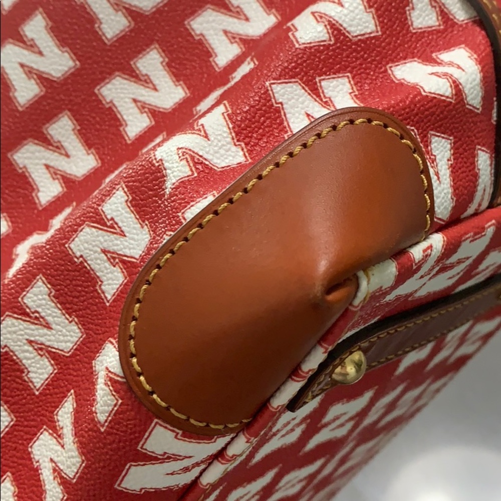 Dooney & Bourke Red & White 'N' Logo Crossbody Satchel with Brown Leather Trim - Picture 3 of 5